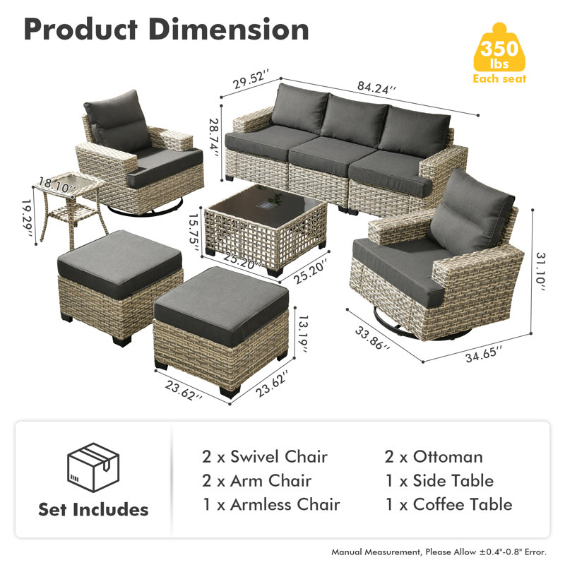 7- Person Rattan Outdoor Seating Group With Swivel Rockers, Black
