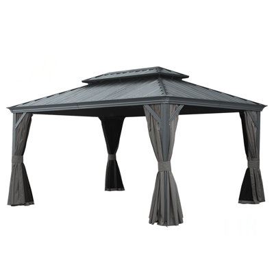 Pavillon de jardin à toit rigide de 12 pi x 16 pi, pavillon de jardin en métal amélioré avec système de drainage, toit en acier galvanisé à double couche, rideau et filet, auvent d'abri extérieur pour patio, jardin et cour arrière
