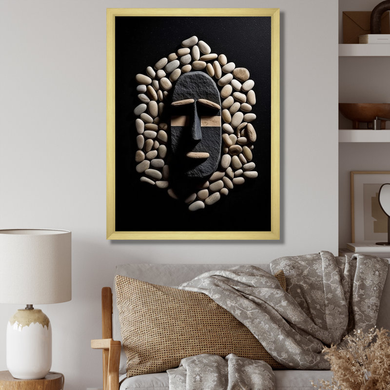 Masque tribal africain noir et blanc II - reproduction sur toile, H 40 po x l 30 po x P 1,5 po, Cadre doré à une seule photo