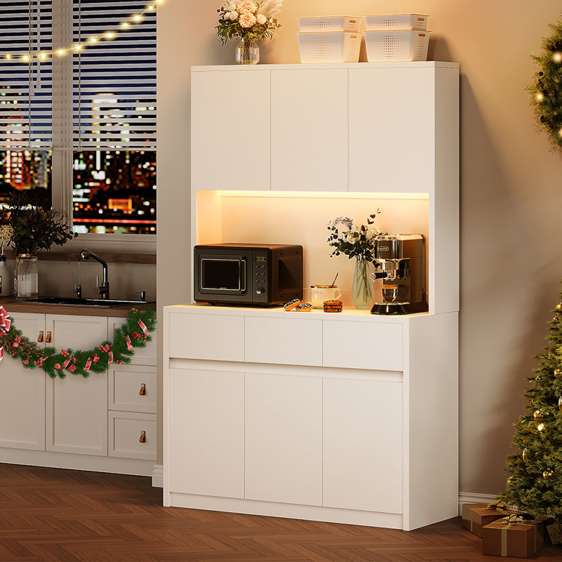 71" Tall Kitchen Pantry Cabinet with Adjustable Shelves, 3 Drawers, Corner Coffee Bar Storage Hutch, White