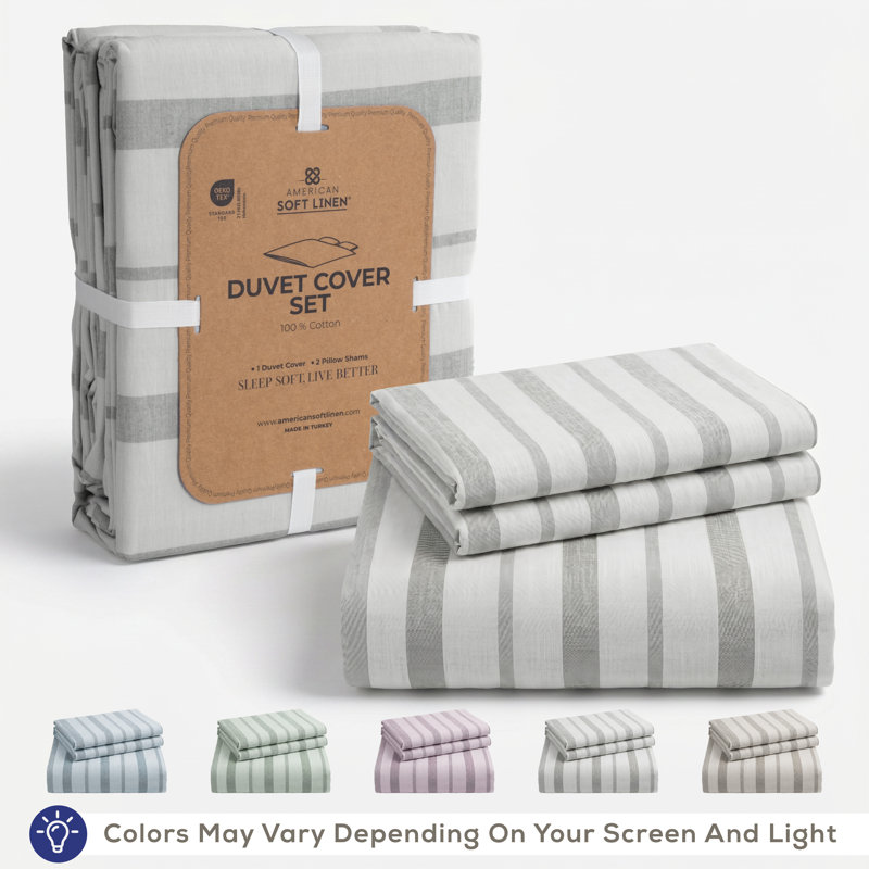 Ensemble de housse de couette 100% coton lavé American, Housse de couette double + 2 grandes taies décora, Gris