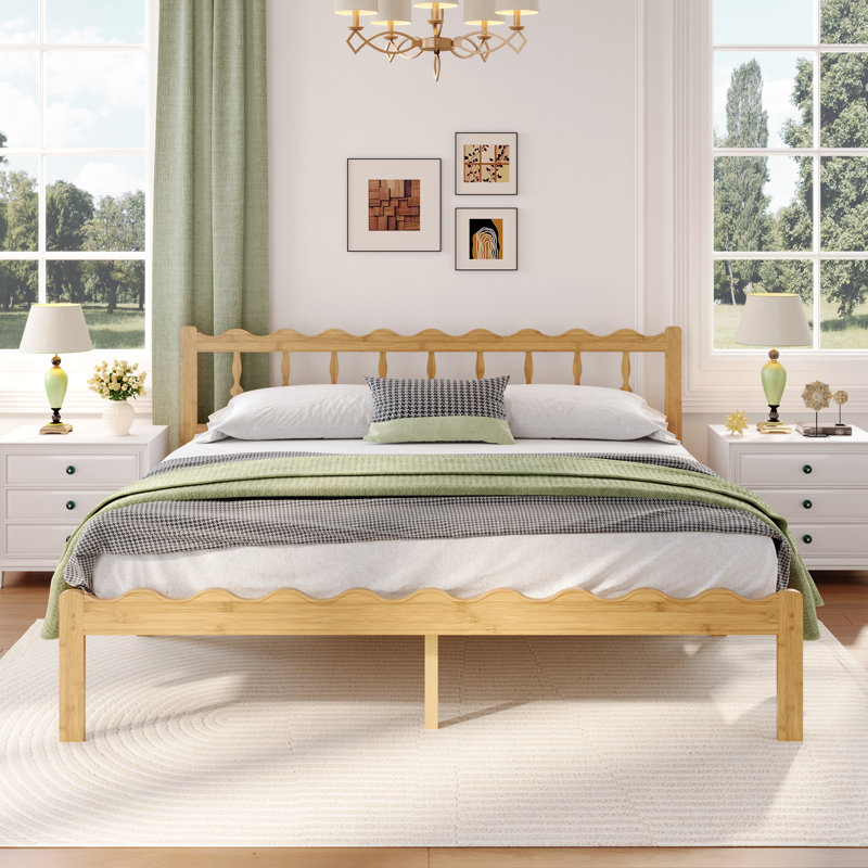 Base de lit plateforme en bois massif de bambou 12 po avec tête de lit ondulée, lattes en métal, aucun sommier requis, 12"