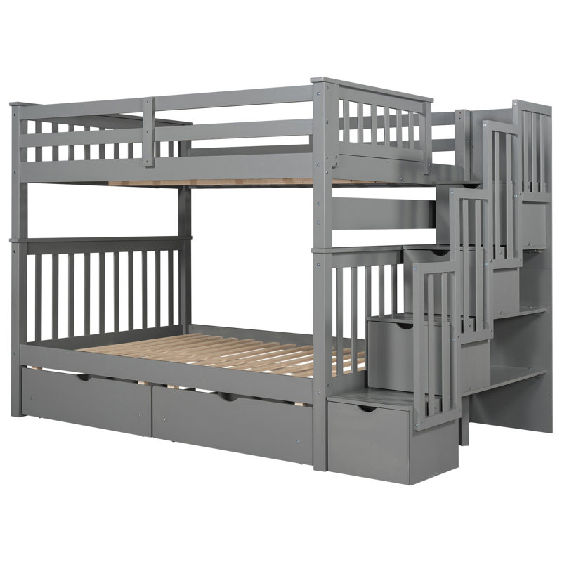Gris, lit superposé double au-dessus, tablettes de rangement sous les escaliers, lit solide et cadre avec tiroirs, rangement pour escalier solide,