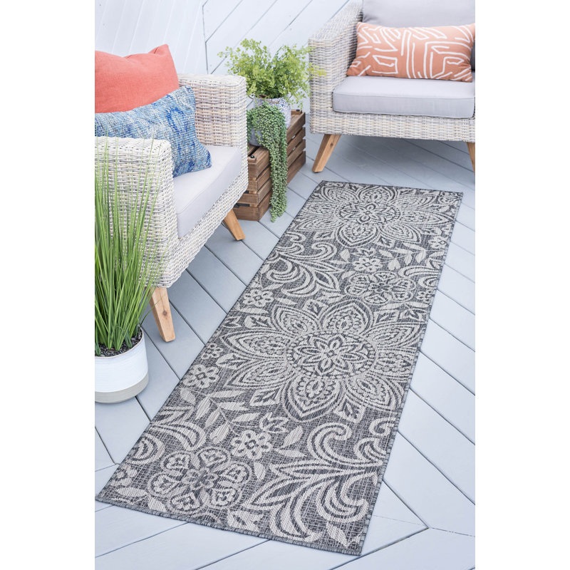 Tapis intérieur / extérieur floral Curvin, Tapis de couloir 2 pi 3 po x 7 pi 3 po
