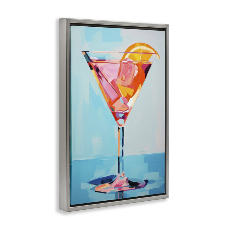 Toile Martini bleue et rose par LSR Design Studio, Cadre flottant gris lustré, H 31 po x l 21 po