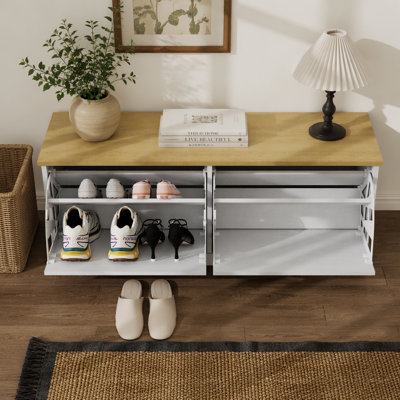 Banc de rangement pour chaussures avec 2 tiroirs rabattables et tablette réglable pour le vestibule, le couloir et la chambre - blanc antique
