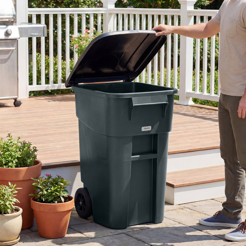Grande poubelle extérieure 53 gallons avec couvercle et roulettes, gris foncé