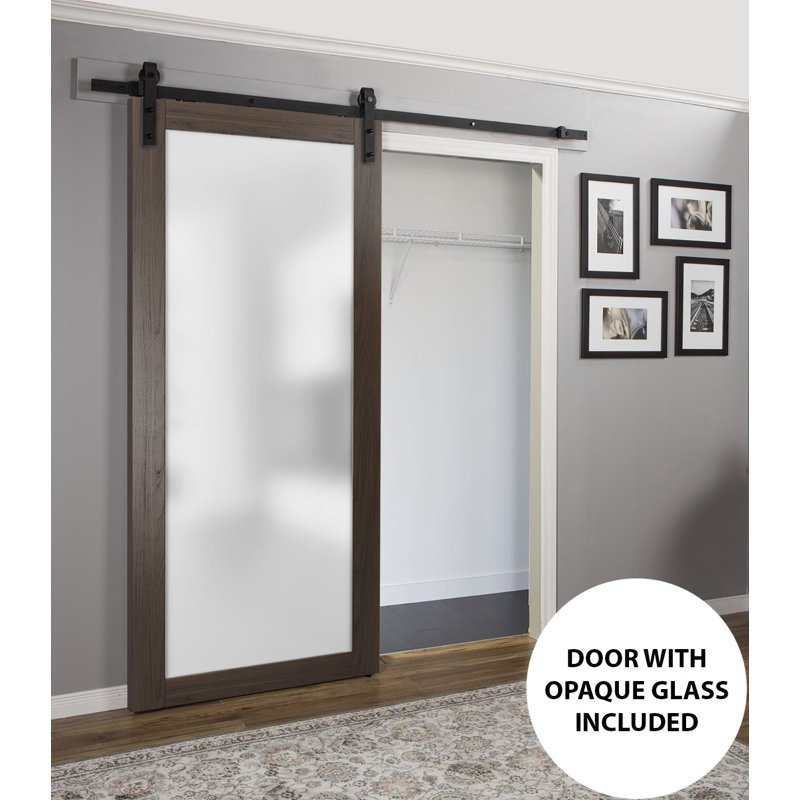 Modern Brown MDF Barn Door with Frosted Glass Panel, 36 x 80