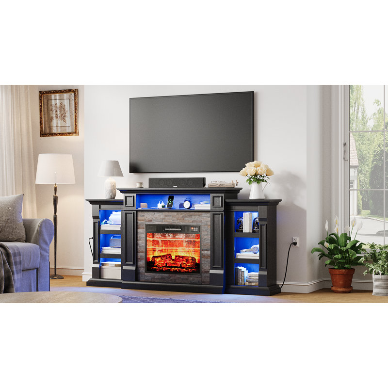 72" W Led Tv Stand With 23" Electric Fireplace Included, Black, Black