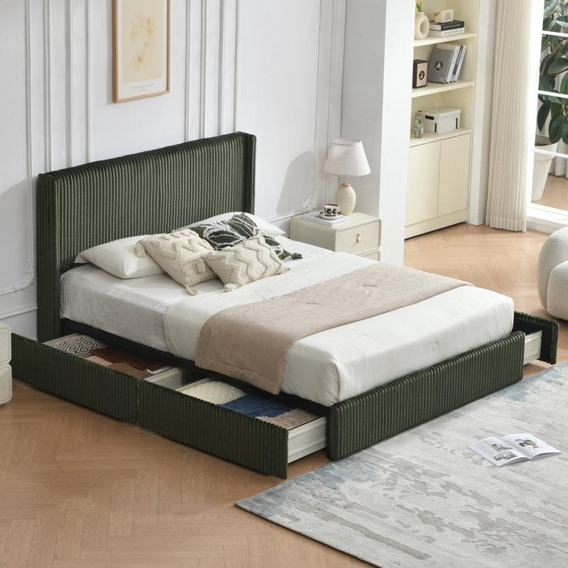 Upholstered Wingback Bed With 4 Storage Drawers, Queen, Turtle
