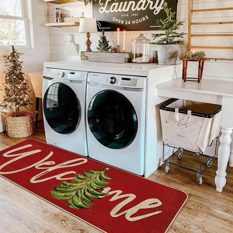 Green Xmas Tree Christmas Welcome Doormat, Winter Home Decor Low-Profile Switch Rug Door Mat Floor Mat For Indoor Outdoor 17X29 Inch
