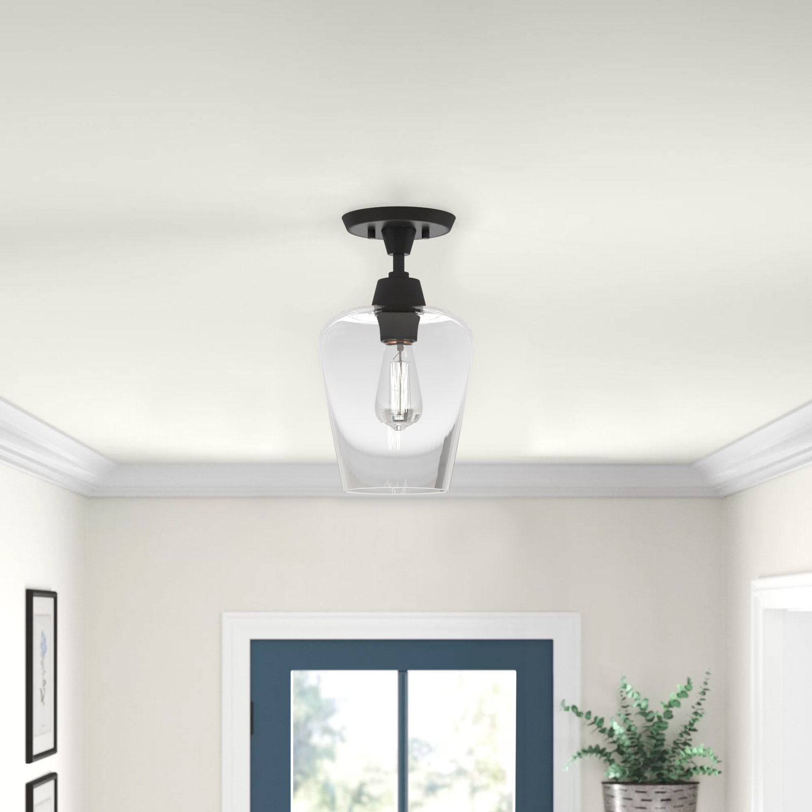 Maebel Single Light Glass Semi Flush Mount, Black