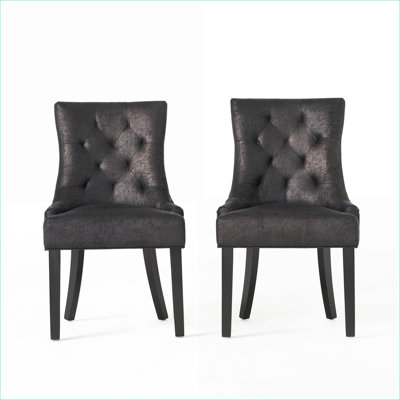 Set of 2 Diamond Tufted Dining Chairs for Adults, Black Microfiber, Dark Brown Rubberwood Legs Modern Accent Chairs