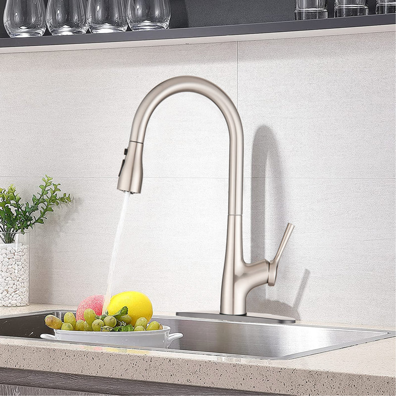 Single Handle Pull Down Kitchen Sink Faucet In Brushed Nickel, Scratch And Spot , High Arc Swivel Spout For Simplistic Cleaning, Easy - Clean Nozzles, Quality Brass, Outdoor Use, 1.8Gpm Flow Rate