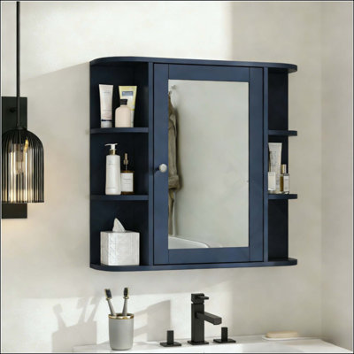 Armoire de rangement murale de salle de bain avec miroir, armoire à pharmacie avec tablette en bois réglable et portes, armoires de rangement montées avec 6 tablettes ouvertes