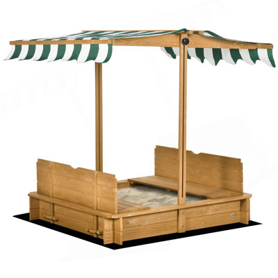 Wooden Kids Sandbox With Cover, Children Outdoor Sand Box With Foldable Bench Seats, Adjustable Canopy, Bottom Liner For Outdoor, Brown