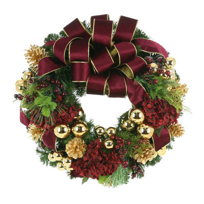 26" Holiday Wreath With Hydrangeas, Pinecones, Ornaments And Bows