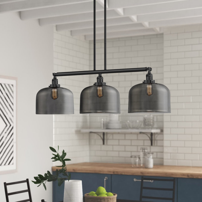 Bell - Luminaire suspendu pour îlot de cuisine 3 lumières 41 ", Ampoule à DEL rétro de 6 watts, Plaqué couleur fumée