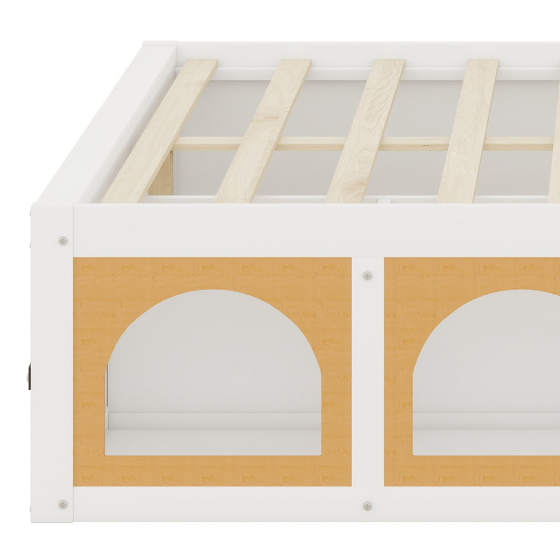 Lit plateforme en bois avec bibliothèque, éclairage à DEL et tiroir de rangement, Blanc et naturel, Double