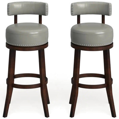2 Tabouret de bar pivotant de 30 po en bois massif gris foncé et chêne, chaises de salle à manger transitionnelles, siège rembourré et tabouret à garniture cloutée 2, revêtement en bois, base en bois