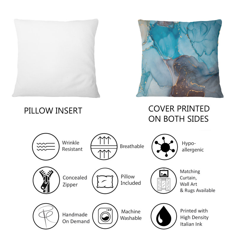 Bleu et gris luxueux abstrait Art fluide IV - Coussin décoratif imprimé moderne, 16 po x 16 po