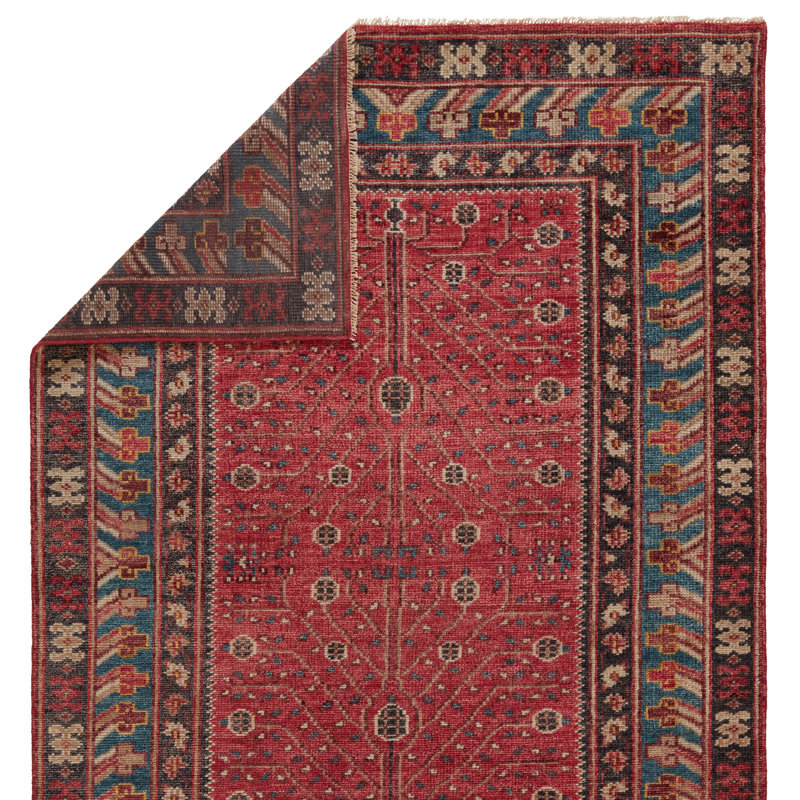 Donte Oriental Hand Knotted Wool Red Area Rug, Rectangle 10' x 14'