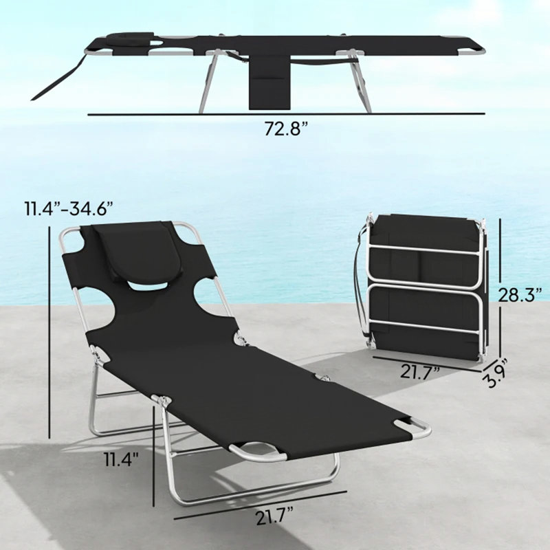Folding Bed,Outdoor Chaise Lounge Chair,Adjustable Back Tanning Chair, Black, 2