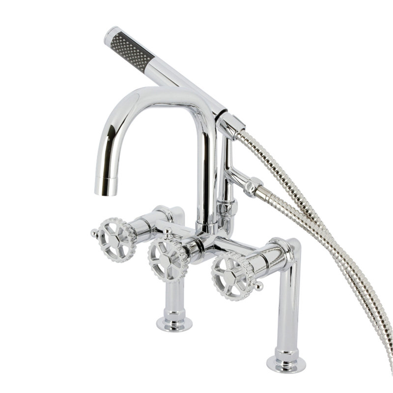 Kingston Brass Fuller Three-Handle 2-Hole Deck Mount Clawfoot Tub Faucet with Hand Shower, Silver