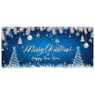 Christmas Garage Door Banner 7x16 Ft, Blue Holiday Decoration With Snowflakes, Xmas Tree, And Winter Party Backdrop