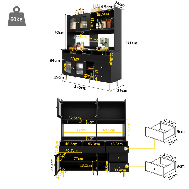 171cm Kitchen Pantry, Black