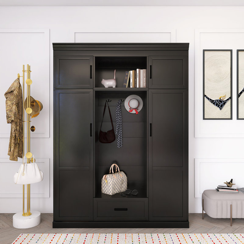 Arbre d'entrée avec banc et 3 crochets, armoire de rangement moderne pour hall d'entrée avec 4 portes, Noir, noir, noir, noir