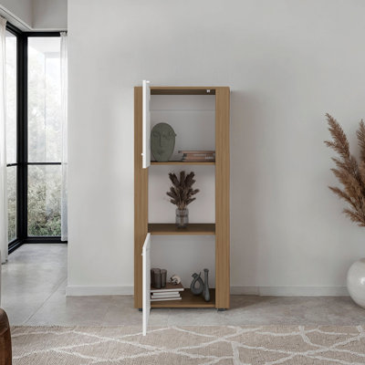 Armoire de rangement verticale en chêne naturel et blanc à trois tablettes pour espace de vie principal