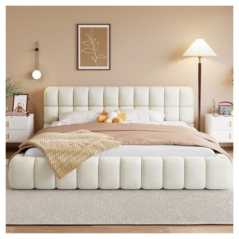 Très grand lit plateforme tapissier très grand avec tissu en lin épais, lit moderne beige avec cadre de support en bois massif, aucun sommier nécessaire