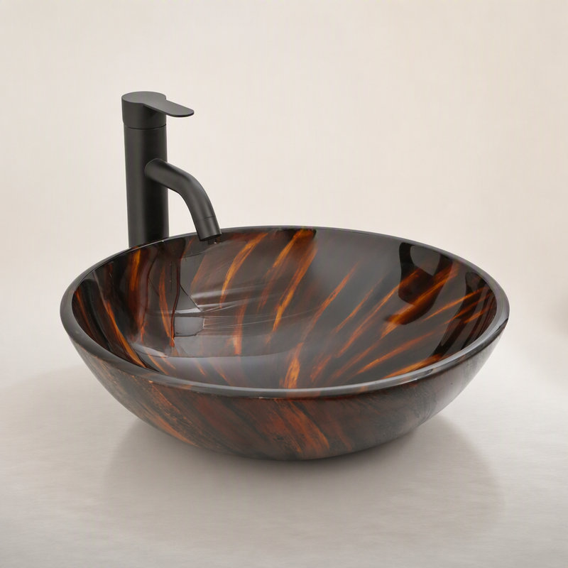 Lavabo vasque de salle de bain artistique en verre trempé avec bonde escamotable pour salle de bain, bol rond en verre trempé brun ambre (sans robinet)