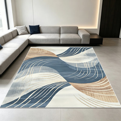 1PC Modern Abstract Geometric Curved Line area rugs for Living Room, Soft, All seasons, Easy-maintain, Washable Indoor mat, Farmhouse suitable for dining table, bedroom, entryway, home office, kitchen, balcony, Home Decor, Outdoor Decor.