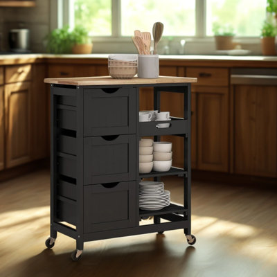 Chariot roulant pour îlot de cuisine avec plateau de boucher, plateaux de service amovibles et tiroirs de rangement - Chariot de service mobile avec roulettes pour la salle à manger et le divertissement