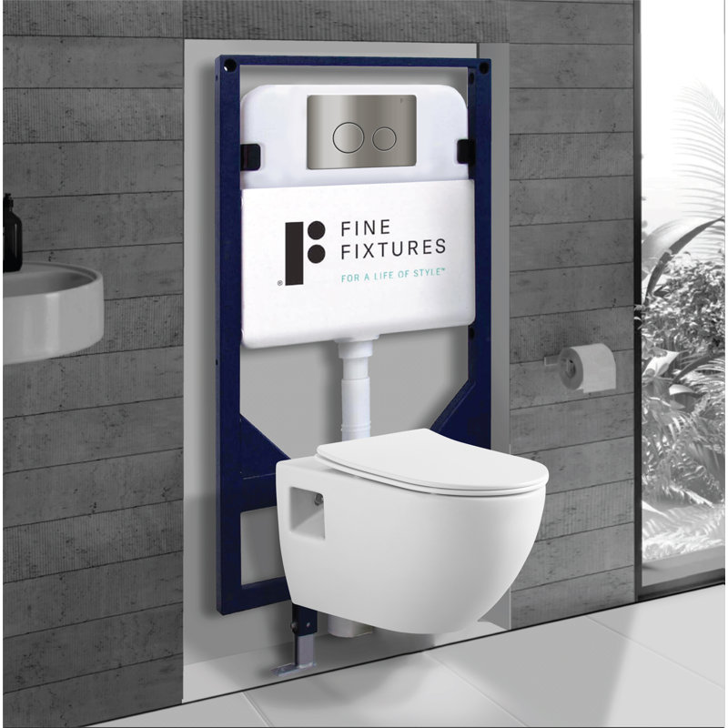 Fine Fixtures Surge Wall Hung White Toilet with Universal In-Wall Tank Carrier and Metal Push Plate, Satin Nickel