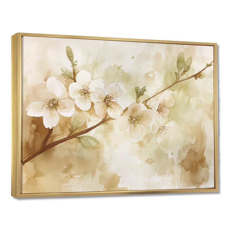 Toile à motif floral terreux, art mural neutre cerisier en fleurs, Badgery, H 12 po x l 20 po, Cadre flottant doré