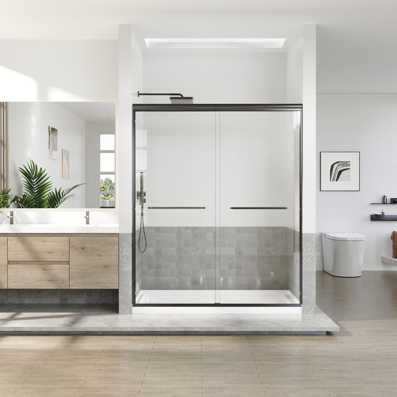 56 To 60 In. W X 72 In. H Semi Frameless Double Sliding Shower Door With 5/16 In. Tempered Clear Glass, Matte Black