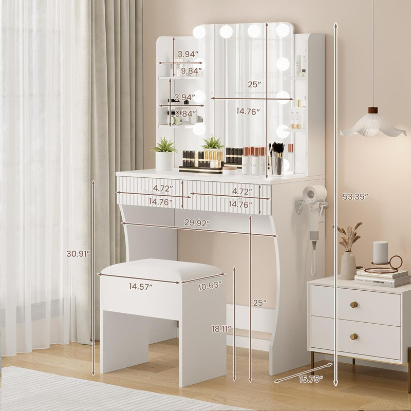 Ensemble de coiffeuse avec tabouret rembourré, miroir lumineux style Hollywood, tiroirs et étagères ouvertes pour garde-robe, blanc.