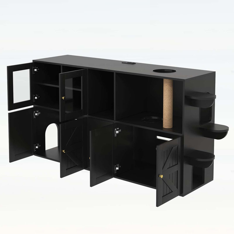 Enceinte de lit de ferme 73,23 po avec poteau à griffer intégré, lumières DEL et armoires de rangement, meuble télé multifonctionnel et table de bout