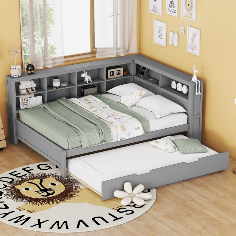 Wooden Full Size Daybed With Twin Size Trundle, Daybed With Storage Shelf And USB Charging Ports,Grey(Old SKU: HL000075AAE)