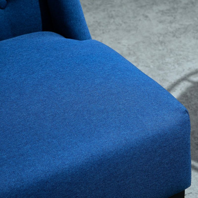 Élégant dossier à oreilles en tissu de lin avec capitonnage à boutons et repose-pieds en bois massif, ensemble de détails compacts bleus