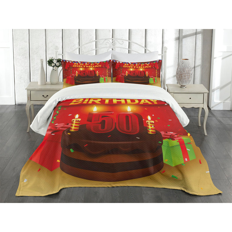 Ambesonne 50th Birthday Bedspread Set Chocolate Cake Multicolor, King Coverlet/Bedspread + 2 Standard Shams