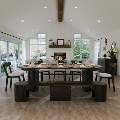 Cedarra 46" - 105" Farmhouse Solid Wood Extendable Dining Table Set With Extendable Bench and Dining Chair