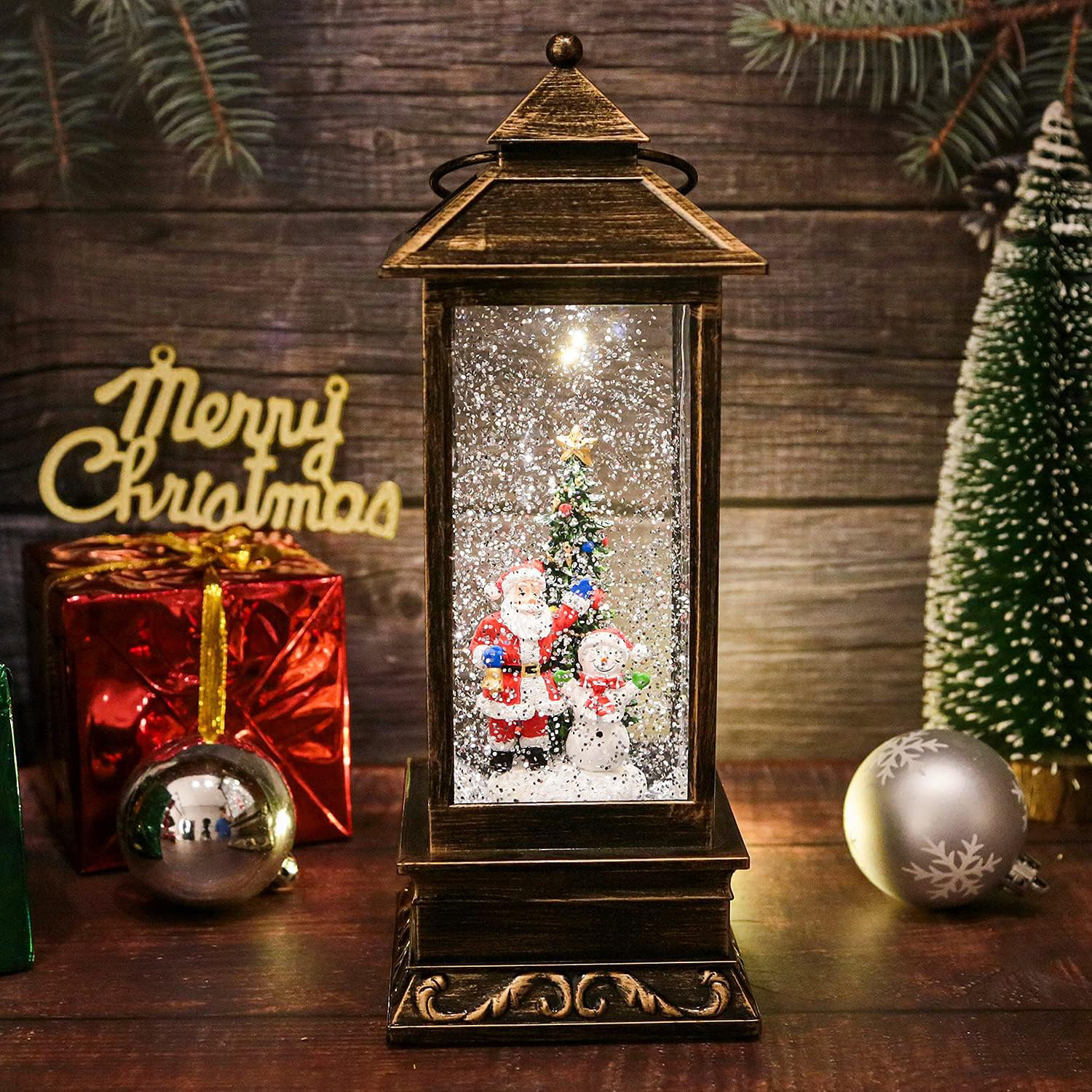 Christmas Snow Globe Lantern with Swirling Glitter