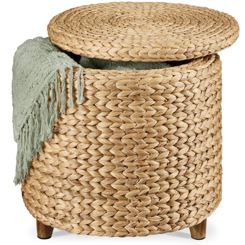  17" Round Storage Ottoman With Lid - Handwoven Water Hyacinth Modern Footstool, Natural, Brown