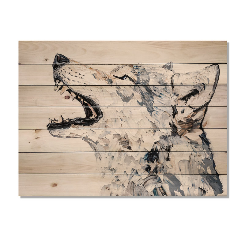 Loup hurlant en couleurs douces III - Art mural moderne sur bois de pin naturel, H 34 po x l 44 po