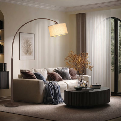 Arc Floor Lamp With Remote, Modern Standing Lamp For Living Room With Stepless Dimmable Bulb, Drum Shade, Foot Switch, Tall Floor Lamp For Farmhouse Bedroom Night Stand (Brown)