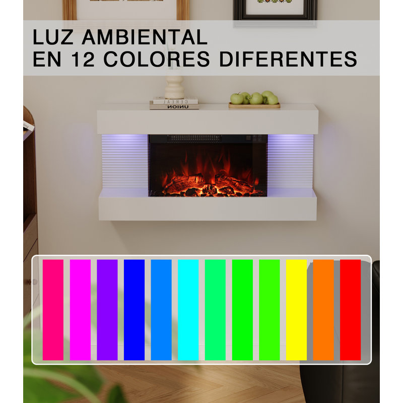 Wall Mounted Electric Fireplace With Multi Ambient Light Colors, Remote, 1800w Heater, White, 42cm H x 82cm W x 20.5cm D